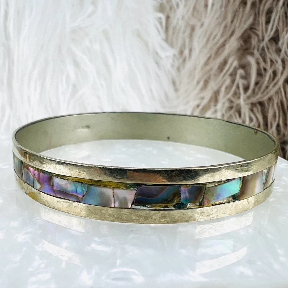 Vintage Boho Chic Oxidized Silvertone Abalone Mexico Stacking Bangle Bracelet